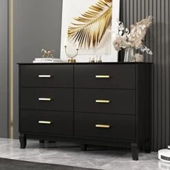 Hitow Storage Dresser Cabinet With 6 Drawers, Wood Dresser Chest With Storage Drawer Organizer, Large Accent Cabinet Chest Of Drawers For Bedroom, Black (47.2" W X 15.7" D X 31.5" H)
