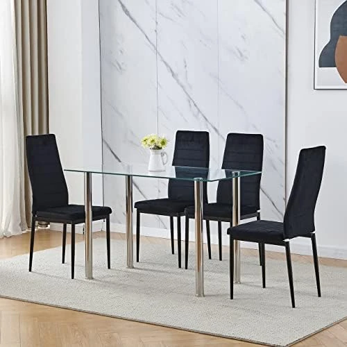 Nozama Rectangular Dining Table Chair Set Space Saving Dining Room Home Furniture Transparent Glass Stainless Steel Metal Legs For 4 People Flannal Black 8 Nozama Rectangular Dining Table Chair Set Space Saving Dining Room Home Furniture Transparent Glass Stainless Steel Metal Legs For 4 People Flannal Black - Image 6