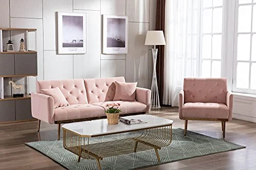 SLEERWAY Modern Velvet Single Sofa Chair, Upholstered Accent Living Room Chair, Comfy Armchair With Rose Golden Metal Legs, Tufted Chair For Reading Or Lounging (Pink) 8 SLEERWAY Modern Velvet Single Sofa Chair, Upholstered Accent Living Room Chair, Comfy Armchair With Rose Golden Metal Legs, Tufted Chair For Reading Or Lounging (Pink) - Image 6
