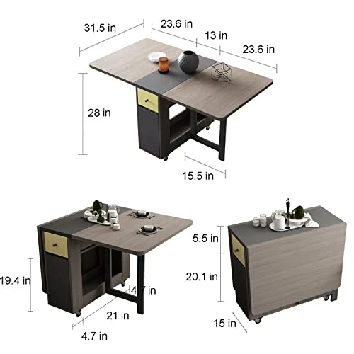 FUNROLUX Folding Dining Table With Storage Rack And 2 Drawers, Movable Kitchen Table Extendable Versatile Table Space Saving Foldable In 3 Forms (Grey) 5 FUNROLUX Folding Dining Table With Storage Rack And 2 Drawers, Movable Kitchen Table Extendable Versatile Table Space Saving Foldable In 3 Forms (Grey) - Image 3