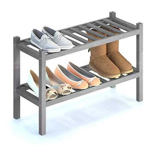 INTERBUILD Acacia Solid Wood Shoe Storage Organizer 2-Tier Stackable Shoe Rack, Dusk Gray 4 INTERBUILD Acacia Solid Wood Shoe Storage Organizer 2-Tier Stackable Shoe Rack, Dusk Gray - Image 2