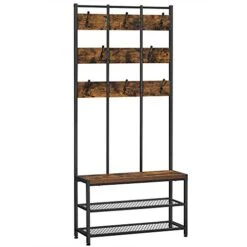 VASAGLE Hall Tree With Shoe Storage, Entryway Organizer With Coat Hooks And Shoe Bench, 2 Mesh Shelves, Steel Frame, Rustic Brown And Black, 33.1 X 11.8 X 72.4 Inch UHSR087B01