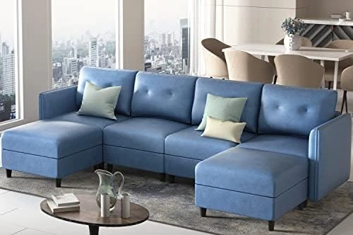 LLappuil Modular Sectional Sofa With Storage, Faux Leather Fabric 7 Seater Modular Sofa With Reversible Chaise, 112 Inch Convertible U Shape Sectional Couch With Ottomans, Aqua Blue 16 LLappuil Modular Sectional Sofa With Storage, Faux Leather Fabric 7 Seater Modular Sofa With Reversible Chaise, 112 Inch Convertible U Shape Sectional Couch With Ottomans, Aqua Blue - Image 14