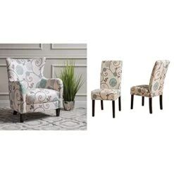Christopher Knight Home Arabella Fabric Club Chair, White And Blue Floral & Pertica Fabric Dining Chairs, 2-Pcs Set, White And Blue Floral