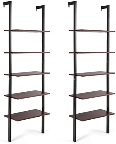 Tangkula 5-Shelf Bookcase, Modern 5-Tier Wood Wall Mounted Ladder Bookshelf With Metal Frame, 72 Inches Tall Industrial Open Ladder Shelf Display Rack Storage Shelves For Home Office (Dark-Brown, 2) 14 Tangkula 5-Shelf Bookcase, Modern 5-Tier Wood Wall Mounted Ladder Bookshelf With Metal Frame, 72 Inches Tall Industrial Open Ladder Shelf Display Rack Storage Shelves For Home Office (Dark-Brown, 2) - Image 12