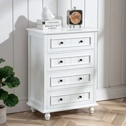 Scurrty White 4 Drawer Dresser Tall Buffet Cabinet Bar Storage Cabinet For Dinning Room And Living Room, Wide Chest Of Drawers Farmhouse Modern, French White