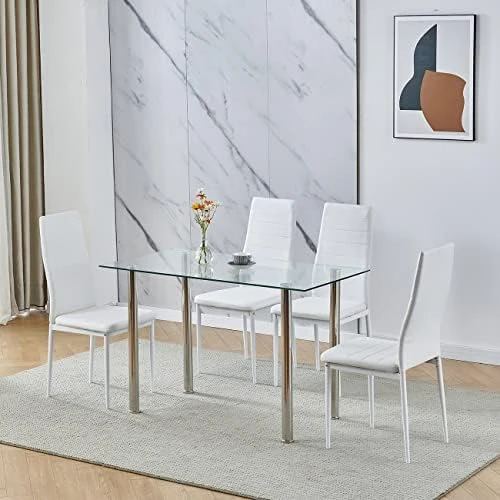 Nozama Rectangular Dining Table Chair Set Space Saving Dining Room Home Furniture Transparent Glass Stainless Steel Metal Legs For 4 People Flannal Black 11 Nozama Rectangular Dining Table Chair Set Space Saving Dining Room Home Furniture Transparent Glass Stainless Steel Metal Legs For 4 People Flannal Black - Image 9
