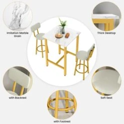 AWQM Small Dining Table Set For 2, Bar Set With 1 Square Table And 2 Upholstered Chairs With Back, Faux Marble Table Breakfast Table With Footrest For Home & Kitchen (White & Gold) 22 AWQM Small Dining Table Set For 2, Bar Set With 1 Square Table And 2 Upholstered Chairs With Back, Faux Marble Table Breakfast Table With Footrest For Home & Kitchen (White & Gold) -Amazon Store 41od67LlKdL