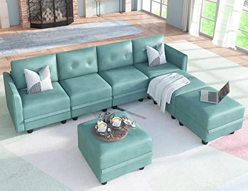 LLappuil Modular Sectional Sofa With Storage, Faux Leather Fabric 7 Seater Modular Sofa With Reversible Chaise, 112 Inch Convertible U Shape Sectional Couch With Ottomans, Aqua Blue 4 LLappuil Modular Sectional Sofa With Storage, Faux Leather Fabric 7 Seater Modular Sofa With Reversible Chaise, 112 Inch Convertible U Shape Sectional Couch With Ottomans, Aqua Blue - Image 2