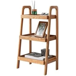Vadisun 100% Solid Oak Wood Ladder Bookshelf, Floor Storage Bookshelf With Four-Sided Baffle Design, Side Table Open Shelf For Living Room, Home Office