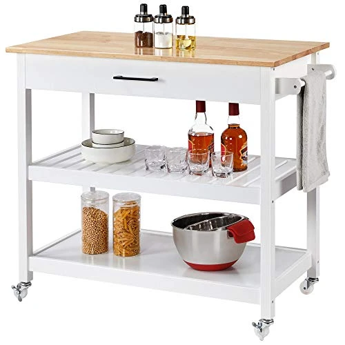 Yaheetech Kitchen Island Cart On Wheels, 3 Tiers Rolling Utility Cart With Drawer And 2 Spacious Storage Shelf, 40'' W Solid Wood Countertop, White 3 Yaheetech Kitchen Island Cart On Wheels, 3 Tiers Rolling Utility Cart With Drawer And 2 Spacious Storage Shelf, 40'' W Solid Wood Countertop, White