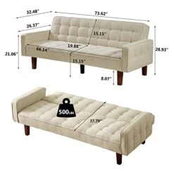Betoko Linen Futon Sofa Couch 73.6" Fabric Upholstered Convertible Sofa Bed Minimalist Button Tufted Small 3 Seater Sleeper Futon Couch Set For Living Room Bedroom (Beige)