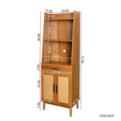 Melpomene Narrow Bookshelf With 2 Rattan Doors, Mid-Century Modern 2-Tier Ladder Shelf With 1 Drawer And 2 Open Shelves