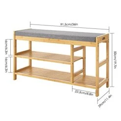 URKNO Shoe Bench, Entryway Bench With Storage, 3-Tier Bamboo Shoe Rack Bench With Padded Seat, Shoe Organizer For Entryway, Bedroom, Bathroom, 36" L X 11.4" D X 19.7" H, Natural -Amazon Store 41pOCVB4oHL
