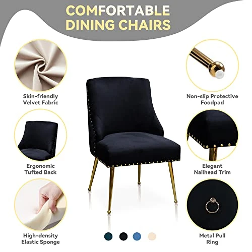 SEYNAR Dining Chairs, Comfortable Modern Kitchen Chairs With Gold Legs, Fabric Upholstered Dining Room Chairs, Accent Chairs Set Of 2, Tufted Velvet Chair For Kitchen Dining Room Guest Room(Black) 5 SEYNAR Dining Chairs, Comfortable Modern Kitchen Chairs With Gold Legs, Fabric Upholstered Dining Room Chairs, Accent Chairs Set Of 2, Tufted Velvet Chair For Kitchen Dining Room Guest Room(Black) - Image 3