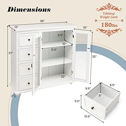 COSTWAY Buffet Sideboard Storage Cabinet, Console Table With 4 Drawers, 2-Glass Door, For Kitchen Dining Room, Entryway, Kitchen Pantry, Buffet Server (White) 5 COSTWAY Buffet Sideboard Storage Cabinet, Console Table With 4 Drawers, 2-Glass Door, For Kitchen Dining Room, Entryway, Kitchen Pantry, Buffet Server (White) - Image 3