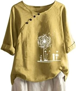 Womens Cotton Linen Shirts Casual Summer 3/4 Sleeve Tops Dandelion Print Tunic Tees Casual Crewneck Loose Fit Blouses -Amazon Store 41pxJnJWtaL. AC