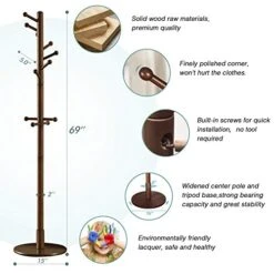 Vlush Sturdy Wooden Coat Rack Stand, Entryway Hall Tree Coat Tree With Solid Round Base For Hat,Clothes,Purse,Scarves,Handbags,Umbrella-(Dark Brown, 11 Hooks) -Amazon Store 41q0zVBWXWL