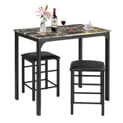 COSTWAY 3 Pieces Dining Table Set, 2 Person Kitchen Breakfast Table And Chair Set Pub Table And Chairs Set, Counter Height Dining Table Set With 2 Bar Stools (Black&Beige)