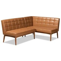 Baxton Studio Sanford Dining Banquettes Tan Faux Leather Upholstered And Walnut Brown Finished Wood 2-Piece Dining Nook Banquette Set