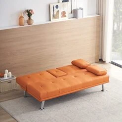 Verfur Convertible Sleeper Sofa Bed,Adjustable Futon Couch Modern Folding Lounge Recliner For Living Room With 2 Cup Holders, Removable Soft Armrest And Sturdy Metal Leg, Orange PU -Amazon Store 41qxJzMR3sL