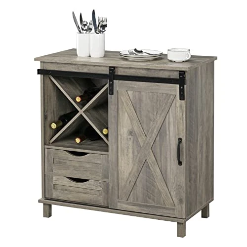 VINGLI Farmhouse Barn Door Wine Liquor Cabinet Home Coffee Bar Furniture W/Removable X-Shaped Wine Rack, Rustic Mini Buffet Sideboard Accent Storage Cabinet With 2 Drawers (Wash Grey) 3 VINGLI Farmhouse Barn Door Wine Liquor Cabinet Home Coffee Bar Furniture W/Removable X-Shaped Wine Rack, Rustic Mini Buffet Sideboard Accent Storage Cabinet With 2 Drawers (Wash Grey)