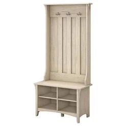 Bush Furniture Pemberly Row Hall Tree W/Shoe Storage Bench In Antique White - Engineered Wood