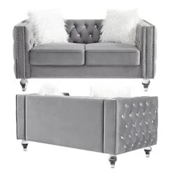 Mikibama Velvet Loveseat Sofa 59 Inch Jeweled Buttons Tufted Loveseat With Acrylic Crystal Legs And 2 Pillows Modern Furniture For Living Room, Bedroom(Grey) -Amazon Store 41rD2k8zGcL
