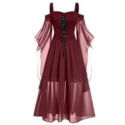 JEGULV Women's Elegant Gothic Dress Medieval Costume Corset Butterfly Sleeve Mesh Dress Renaissance Cold Shoulder Dress