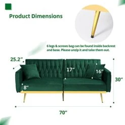 ACMEASE 70” Velvet Futon Sofa Bed W/Adjustable Backrests And Armrests, Convertible Futon Couch With Two Pillows, Modern Tufted Sleeper Bed For Living Room, Bedroom,Green -Amazon Store 41rTLD5jIcL