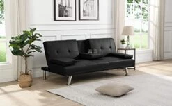 GENERIC Sofa Bed With Armrest Two Holders Wood Frame, Stainless Leg, FUTON Black PVC