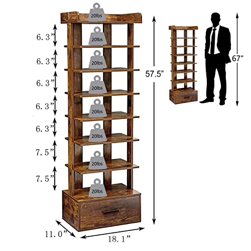 Usikey Large Vertical Shoe Rack, 8 Tiers Wooden Shoes Racks With Bottom Drawer, Top Storage & 2 Hooks, Double Shoes Storage, Modern Shoe Rack Organizer, Shoe Tower For Entryway, Hallway, Rustic Brown 9 Usikey Large Vertical Shoe Rack, 8 Tiers Wooden Shoes Racks With Bottom Drawer, Top Storage & 2 Hooks, Double Shoes Storage, Modern Shoe Rack Organizer, Shoe Tower For Entryway, Hallway, Rustic Brown - Image 7