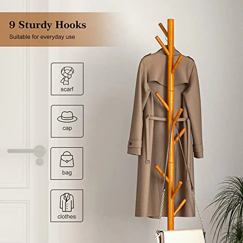 NicQliear Wooden Freestanding Coat Rack With 9 Hooks, Adjustable Coat Rack Stand 69.3" To Hang Clothes/Bags/Hats, Standing Coat Tree Perfect For Bedroom/Entryway/Hallway, Easy Assembly, Brown 5 NicQliear Wooden Freestanding Coat Rack With 9 Hooks, Adjustable Coat Rack Stand 69.3" To Hang Clothes/Bags/Hats, Standing Coat Tree Perfect For Bedroom/Entryway/Hallway, Easy Assembly, Brown - Image 3