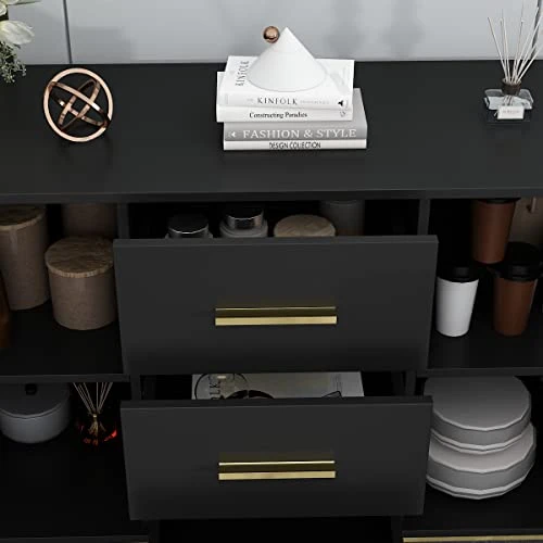AIEGLE Sideboard Buffet Cabinet With 3 Drawers & 2 Doors, Kitchen Buffet Storage Cabinet Entryway Cupboard With Gold Metal Legs, Black (47.2" L X 15.7" W X 29.3" H) 6 AIEGLE Sideboard Buffet Cabinet With 3 Drawers & 2 Doors, Kitchen Buffet Storage Cabinet Entryway Cupboard With Gold Metal Legs, Black (47.2" L X 15.7" W X 29.3" H) - Image 4