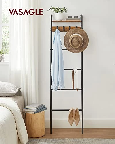 VASAGLE Blanket Ladder Shelf, Blanket Holder Rack For Living Room, Decorative Ladder With Removable Hooks, Top Storage Shelf, Metal Frame, Rustic Brown And Black ULLS017B01 4 VASAGLE Blanket Ladder Shelf, Blanket Holder Rack For Living Room, Decorative Ladder With Removable Hooks, Top Storage Shelf, Metal Frame, Rustic Brown And Black ULLS017B01 - Image 2