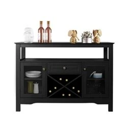 Vikiullf Black Sideboard Wine Cabinet - Home Kitchen Dining Room Buffet Cupboard Table With Storage Drawer, Adjustable Shelf & Glass Display Cabinet (Black)