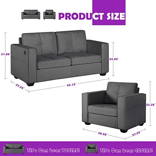 TYBOATLE Modern Living Room Sectional Sofa Sets 2 Piece, 65” W Tufted Mid-Century Loveseat Couch W/ 2 USB Charging Ports And Comfy Accent Arm Chairs For Small Space, Apartment, Office (Dark Grey) 4 TYBOATLE Modern Living Room Sectional Sofa Sets 2 Piece, 65” W Tufted Mid-Century Loveseat Couch W/ 2 USB Charging Ports And Comfy Accent Arm Chairs For Small Space, Apartment, Office (Dark Grey) - Image 2