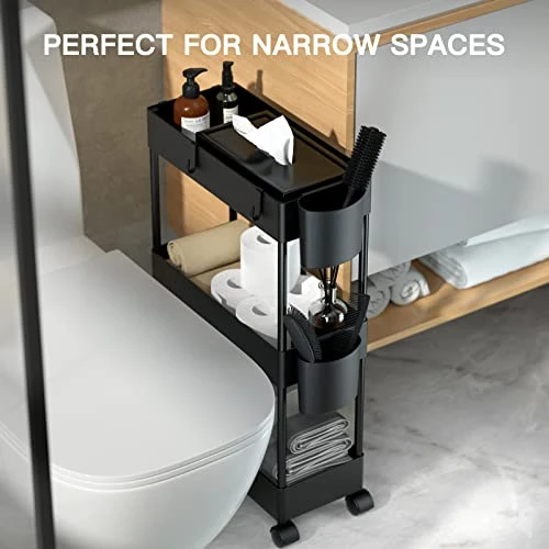 Pipishell Slim Storage Cart With Wheels, Bathroom Cart Bathroom Storage Organizer, Rolling Cart For Bathroom, Laundry Room, Kitchen, Narrow Space, Black PIUC04 3 Pipishell Slim Storage Cart With Wheels, Bathroom Cart Bathroom Storage Organizer, Rolling Cart For Bathroom, Laundry Room, Kitchen, Narrow Space, Black PIUC04