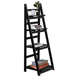 NO MORE TAG 4-Tier Ladder Shelf, Wooden Ladder Bookshelf, Plant Flower Stand, Multipurpose Organizer Storage Rack For Home, Living Room, Bedroom, Balcony, Easy Assembly, Black