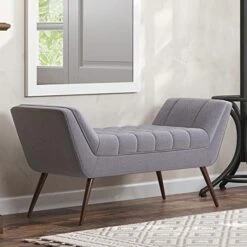 BELLEZE 63 Inch Mid Century Modern Ottoman, Contemporary Upholstered Linen Fabric Bench With Wood Legs, Accent Furniture For Living Room, Bedroom, Entryway - Moreno (Grey) -Amazon Store 41sV8vaNIXL. AC