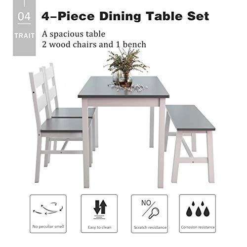 Mecor 4-Piece Kitchen Dining Table Set, Modern Solid Wood Table W/ 2 Chairs And Bench For Home Kitchen Dining Room Furniture, Grey 8 Mecor 4-Piece Kitchen Dining Table Set, Modern Solid Wood Table W/ 2 Chairs And Bench For Home Kitchen Dining Room Furniture, Grey - Image 6