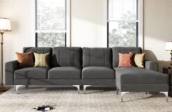 HONBAY Convertible Sectional Sofa L Shaped Couch With Reversible Chaise Modern Velvet 4-Seat Sofa Sectional Couch For Apartment, Dark Grey