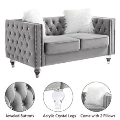 Mikibama Velvet Loveseat Sofa 59 Inch Jeweled Buttons Tufted Loveseat With Acrylic Crystal Legs And 2 Pillows Modern Furniture For Living Room, Bedroom(Grey) -Amazon Store 41t1gWTRPsL