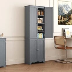 HOMEFORT 72" Tall Pantry Cabinet, Wood Kitchen Pantry, Freestanding Kitchen Cupboard With 2 Cabinets And Adjustable Storage Shelves, Space Saving Floor Cabinet