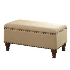 Homepop Home Decor | Upholstered Storage Bench With Nailhead Trim | Ottoman With Storage For Living Room & Bedroom | Decorative Home Furniture (Tan ) Large