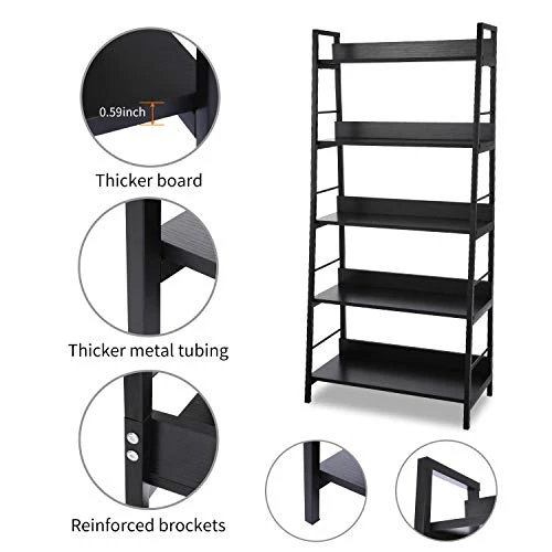 BATHWA Industrial 5-Tier Ladder Bookshelf Wood And Metal Bookcase Black Organizer Stand Rack Storage Ladder Shelves For Living Room Office Bathroom Kitchen, 59'' Height 8 BATHWA Industrial 5-Tier Ladder Bookshelf Wood And Metal Bookcase Black Organizer Stand Rack Storage Ladder Shelves For Living Room Office Bathroom Kitchen, 59'' Height - Image 6