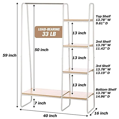 AKSG Clothing Rack Garment Rack With Shelves Wardrobe Rack Freestanding Closet Racks With Metal Hanger Rod And 4-tier Wood Shelves Heavy Duty Clothes Rack For Bedroom Living Room Entryway White 6 AKSG Clothing Rack Garment Rack With Shelves Wardrobe Rack Freestanding Closet Racks With Metal Hanger Rod And 4-tier Wood Shelves Heavy Duty Clothes Rack For Bedroom Living Room Entryway White - Image 4