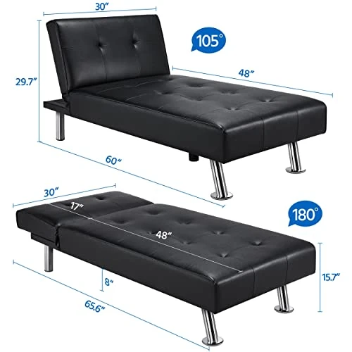 Yaheetech Faux Leather Sofa Bed Sleeper Convertible Futon Sofa Modern Recliner Couch Daybed With Chrome Metal Legs For Living Room Black 4 Yaheetech Faux Leather Sofa Bed Sleeper Convertible Futon Sofa Modern Recliner Couch Daybed With Chrome Metal Legs For Living Room Black - Image 2