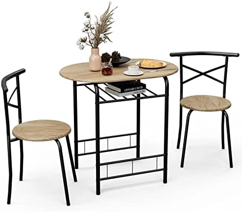 CAMORSA 3 Pieces Dining Set For 2 Small Kitchen, Breakfast Table Set Wood Round Table & Chair With Metal Frame And Wine Rack, Space Saving, For Apartment Dining Room, Natural 9 CAMORSA 3 Pieces Dining Set For 2 Small Kitchen, Breakfast Table Set Wood Round Table & Chair With Metal Frame And Wine Rack, Space Saving, For Apartment Dining Room, Natural - Image 7