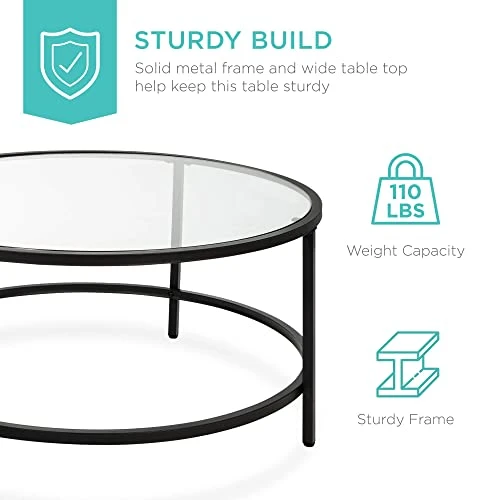 Best Choice Products 36in Modern Round Tempered Glass Accent Side Coffee Table For Living Room, Dining Room, Tea, Home Décor W/Metal Frame, Non-Marring Foot Caps - Black 4 Best Choice Products 36in Modern Round Tempered Glass Accent Side Coffee Table For Living Room, Dining Room, Tea, Home Décor W/Metal Frame, Non-Marring Foot Caps - Black - Image 2